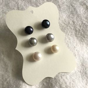 3 Pair Large Freshwater Pearl Earrings in Stainless Steel